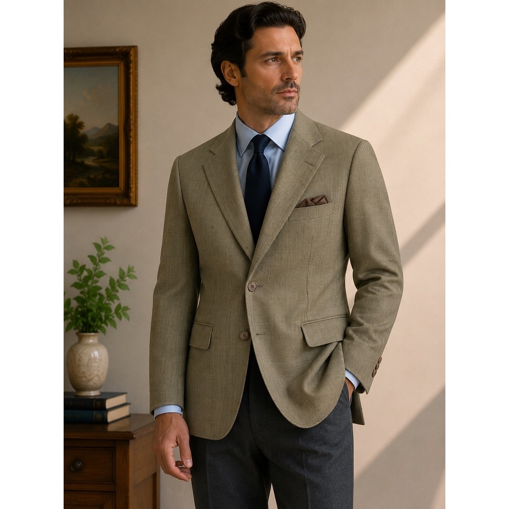 Mens Glen Plaid Wool Sport‎ Coat Tan Grey Two Button Blazer Made in USA